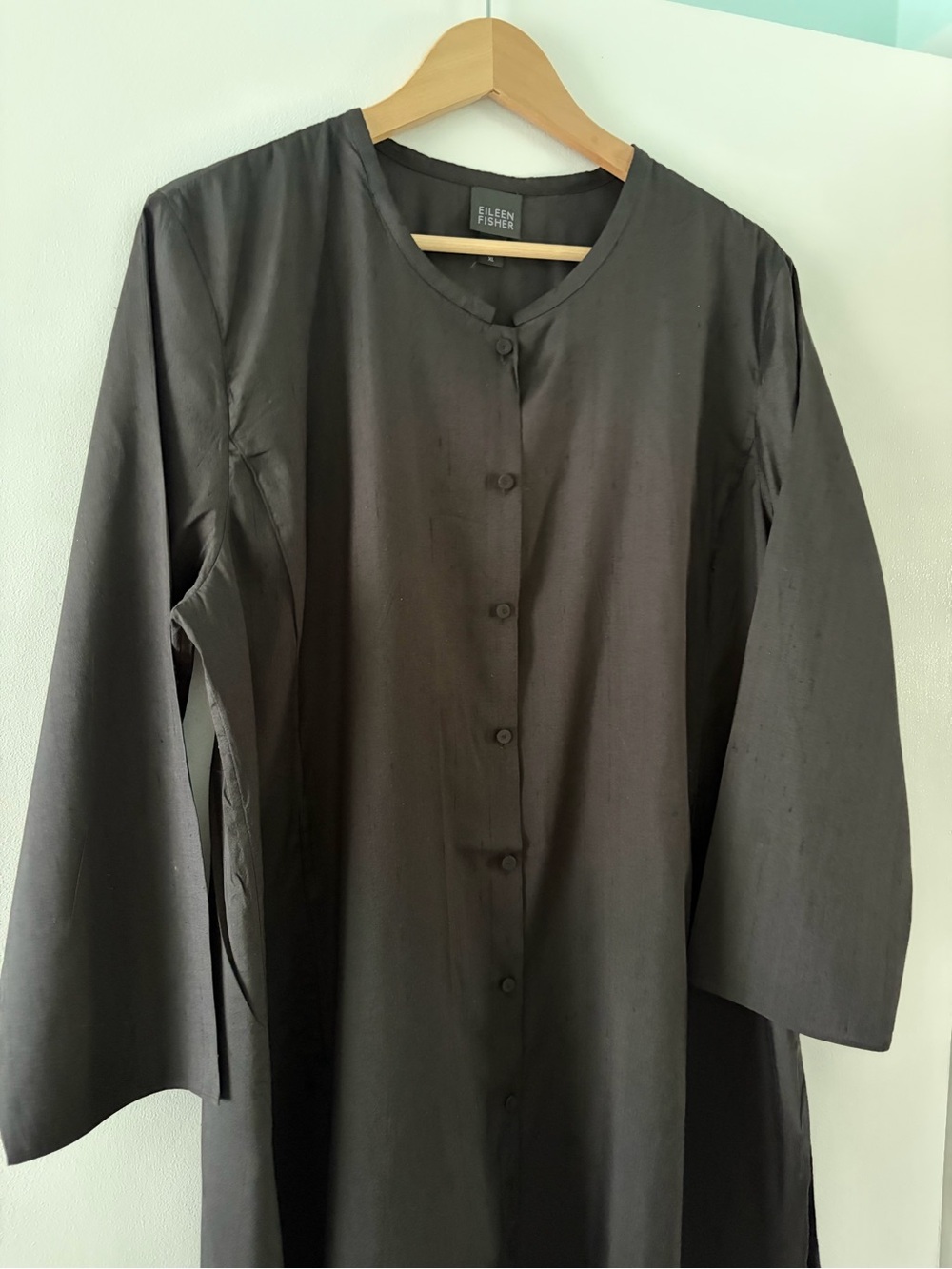 Eileen Fisher Minimalist Black Heavy Silk Shirt Dress Mandarin Collar Size XL - Picture 3 of 10